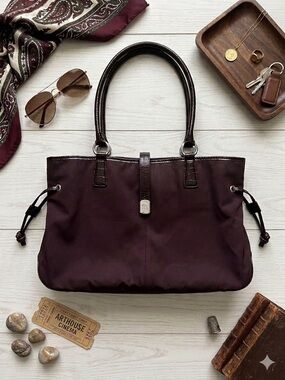 Lauren Ralph Lauren Nylon & Croc-Embossed Leather Tote Deep Plum